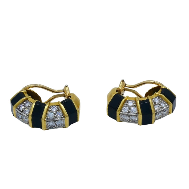 Tiffany & Co. 18k Gold Onyx Diamond Hoop Earrings