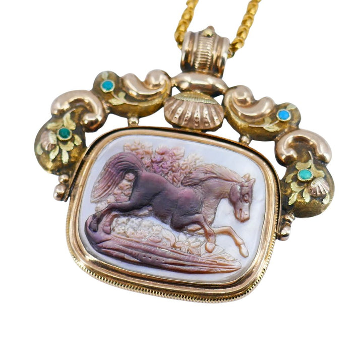 Antique Victorian Gold Mother of Pearl Equestrian Pendant Chain Necklace