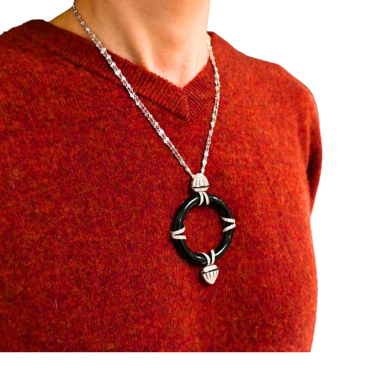 Art Deco Platinum Onyx Pendant on Modern Gold Diamond Chain Necklace