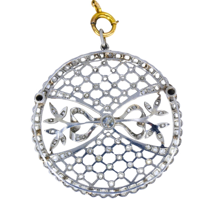 Edwardian Platinum Filigree Pendant Diamonds 14k Gold Chain Art Deco Estate