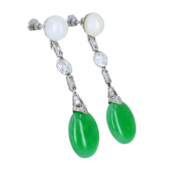Art Deco Jade Earrings Platinum Pearls Old European Cut Diamonds Estate Jewelry