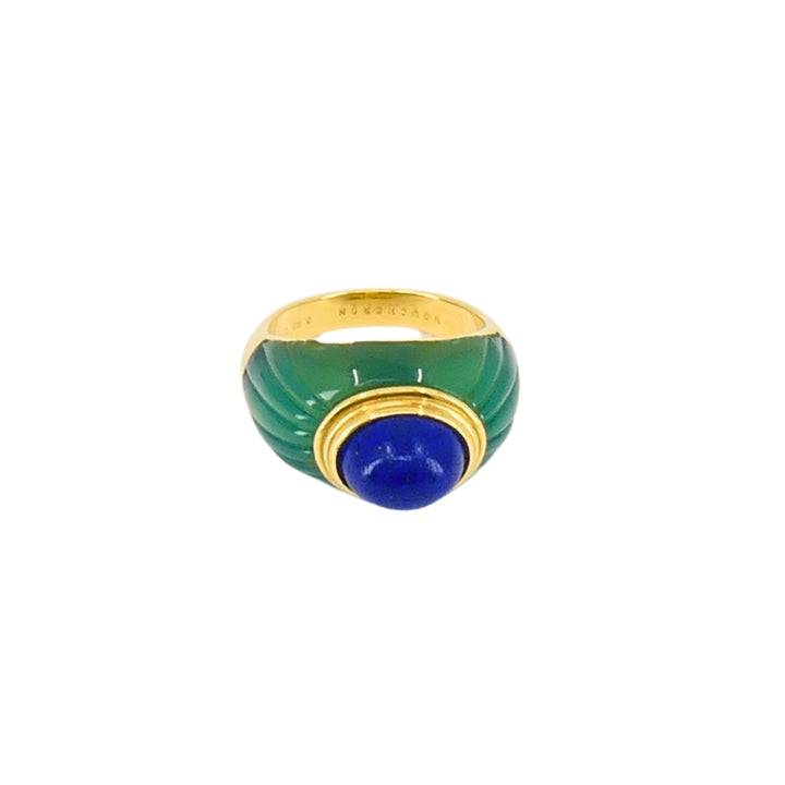 1980's Boucheron Jaipur Ring 18k Gold Chrysophrase Lapis Lazuli Original Pouch