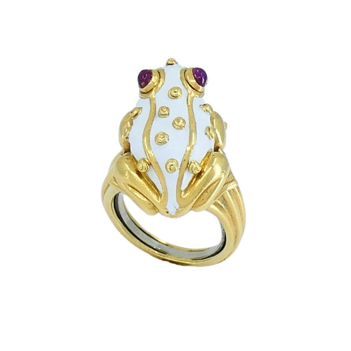 1990s David Webb 18k Gold White Enamel Ruby Frog Ring