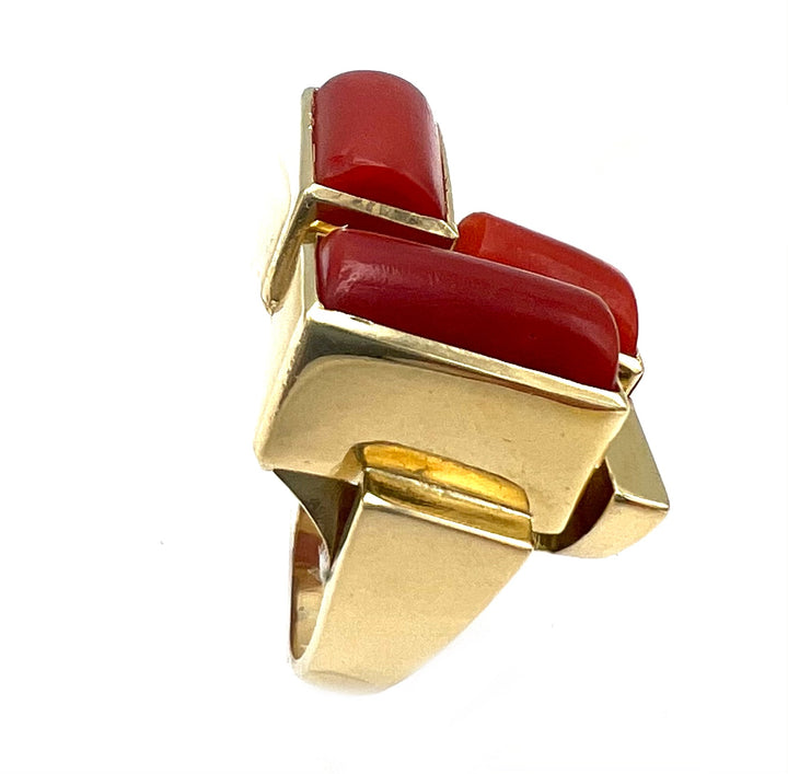 Mid Century Modern Yellow Gold and Coral Ring