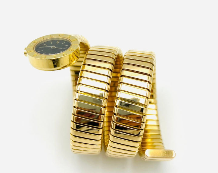 Vintage Bulgari Yellow Gold Black Dial Serpenti Tubogas Wrap Around Wrist Watch