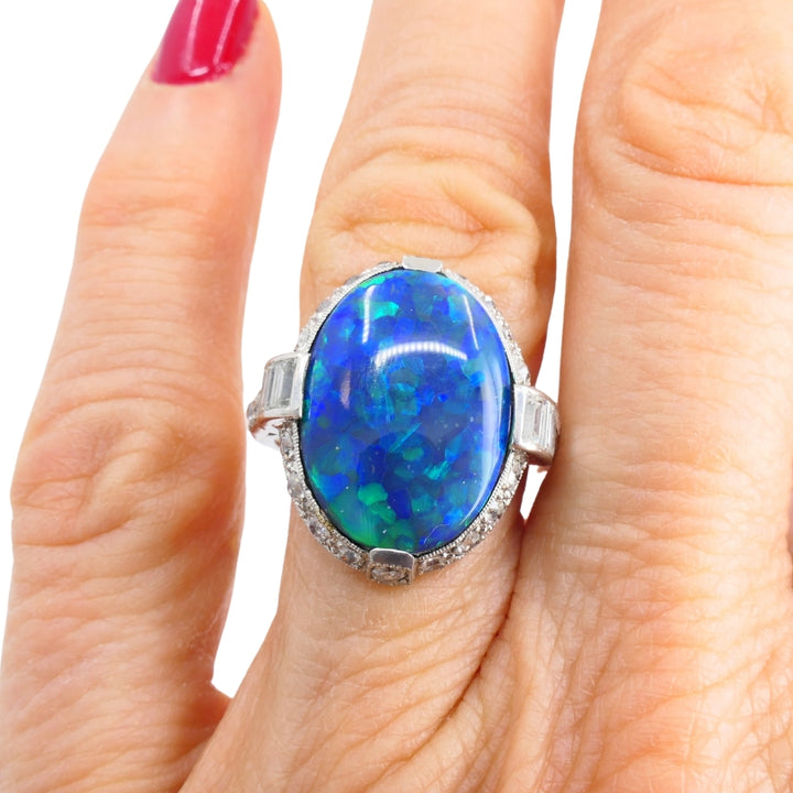 Art Deco Black Opal Ring Platinum Diamond Estate Jewelry
