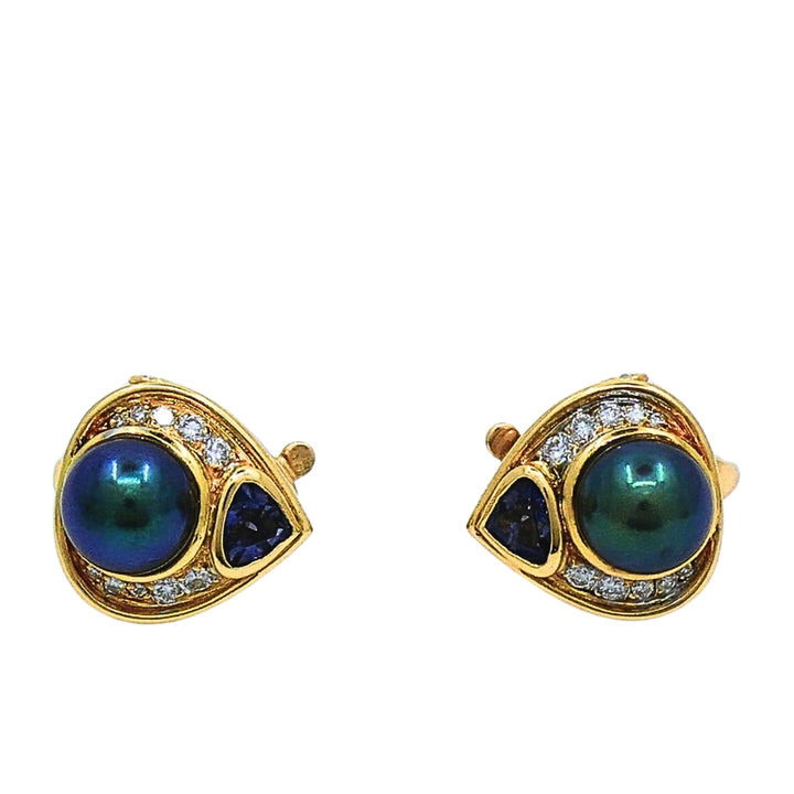 Vintage Marina B Earrings 18k Gold Black Pearl Gemstones