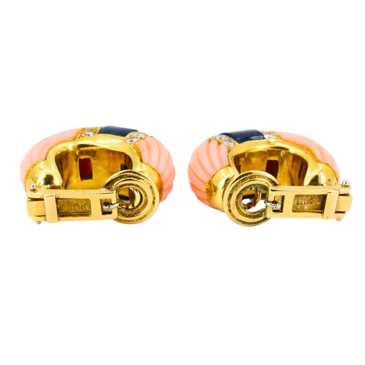 Vintage Cartier Set Coral Onyx Diamond 18k Gold Ring and Earrings Estate Jewelry