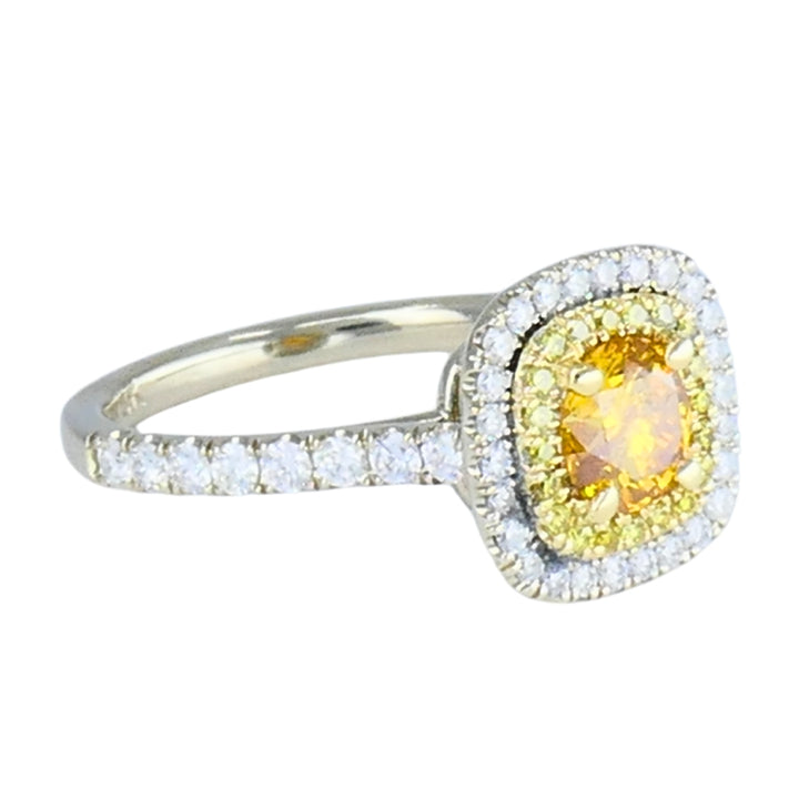 14k White Gold Ring Fancy Yellow Orange Diamond GIA Double Halo Estate Jewelry