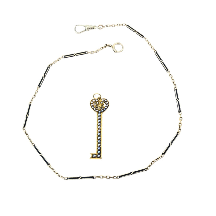 14k Gold Key Pendant Necklace Pearls and Black Enamel