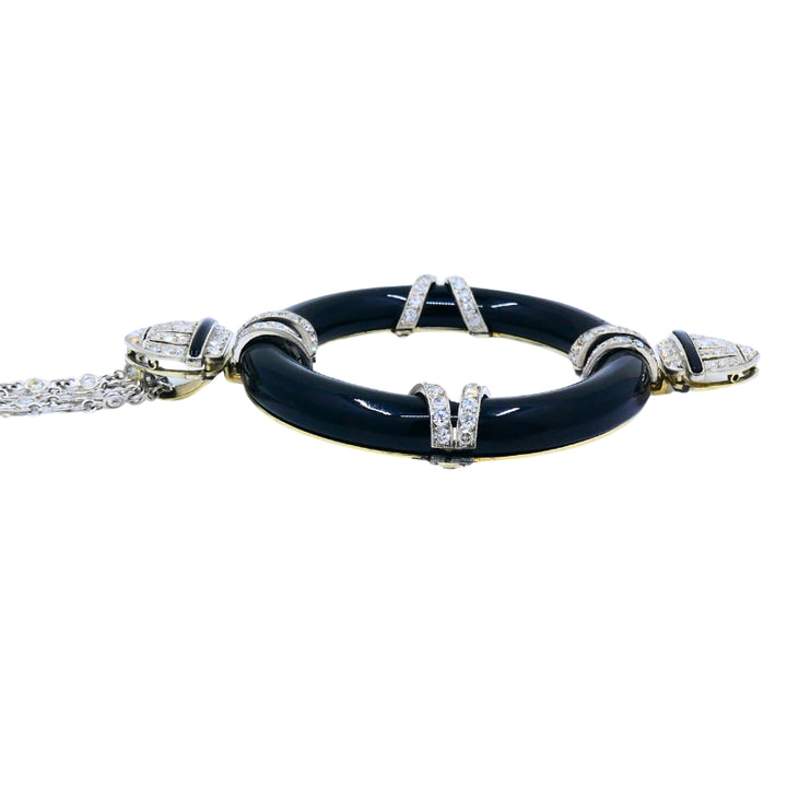 Art Deco Platinum Onyx Pendant on Modern Gold Diamond Chain Necklace