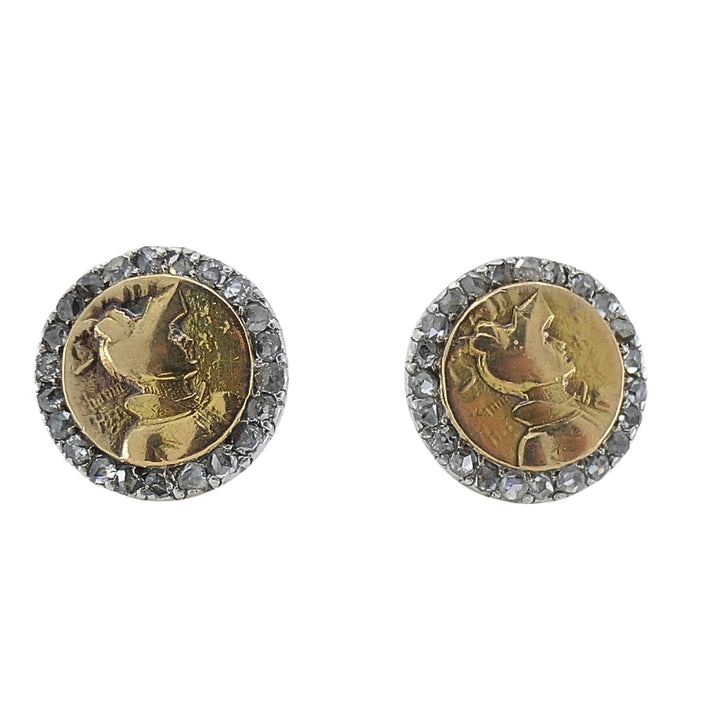 Antique 14k Rose Gold & Rose Cut Diamond Knight Stud Earrings Circa 1900s