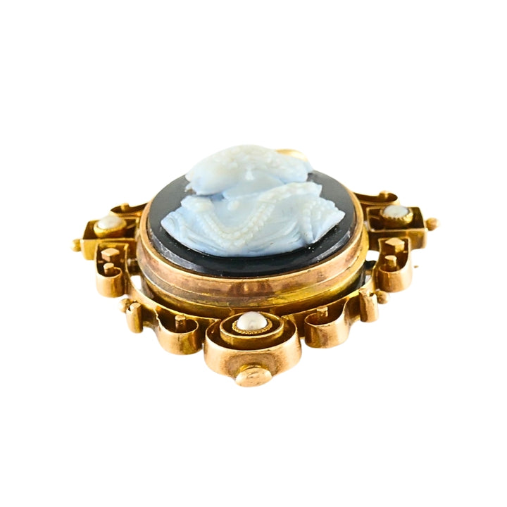 Antique 12k Gold Agate Cameo Pendant Brooch Seed Pearls