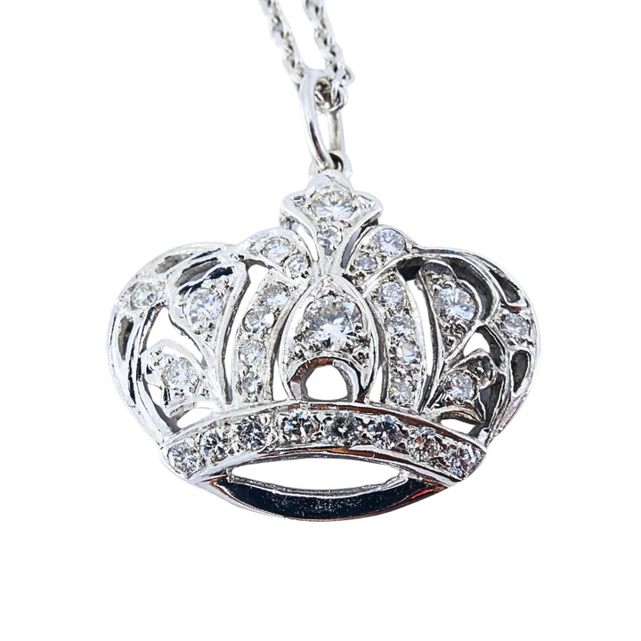 14k White Gold Diamond Crown Pendant Necklace