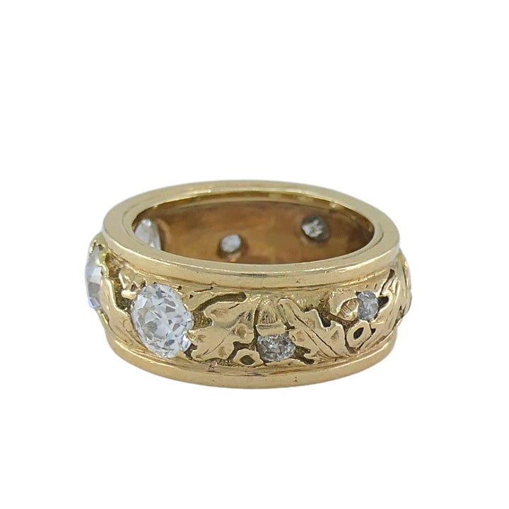 Vintage Diamond Band 14k Gold Leaf Motif Ring