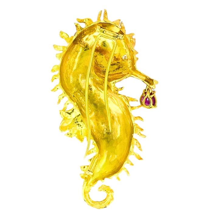 Aldo Cipullo for Cartier Seahorse Brooch Gold Enamel Gemstones