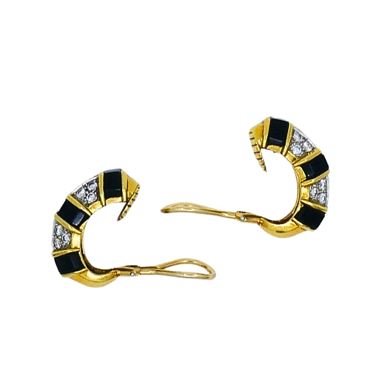 Tiffany & Co. 18k Gold Onyx Diamond Hoop Earrings
