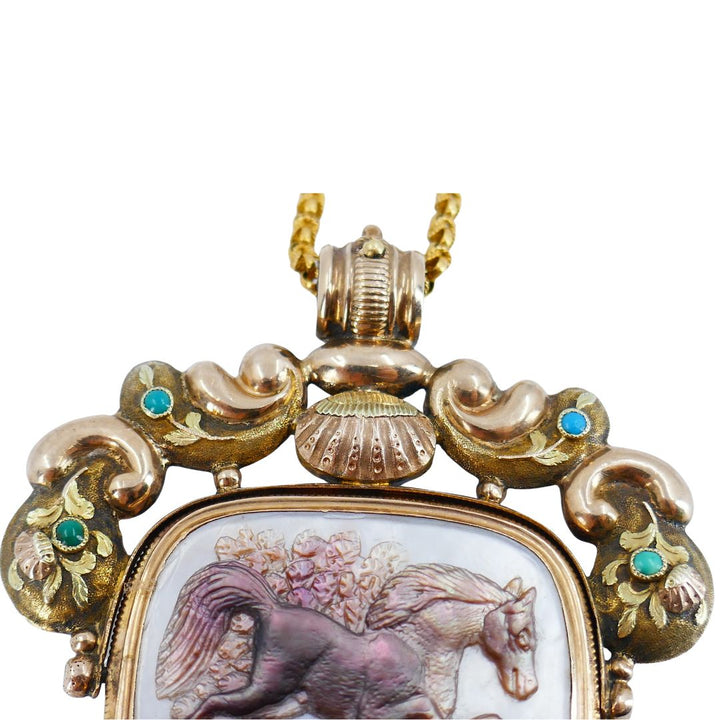 Antique Victorian Gold Mother of Pearl Equestrian Pendant Chain Necklace