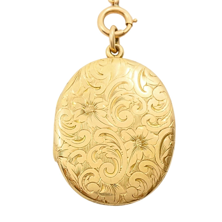 14k Gold Engraved Locket Pendant Gold Antique Watch Chain