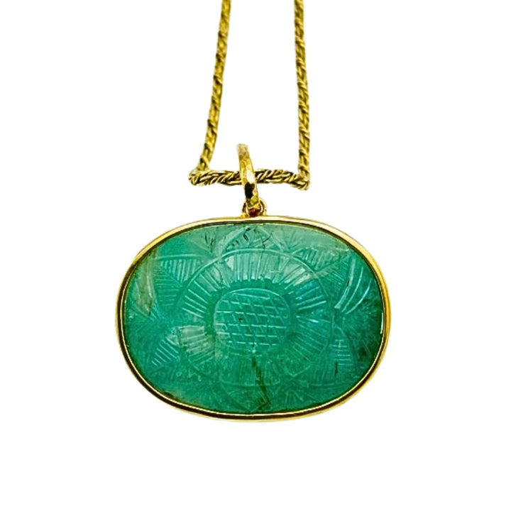 1930’s Yellow Gold, Carved Emerald and Ruby Pendant Chain Necklace