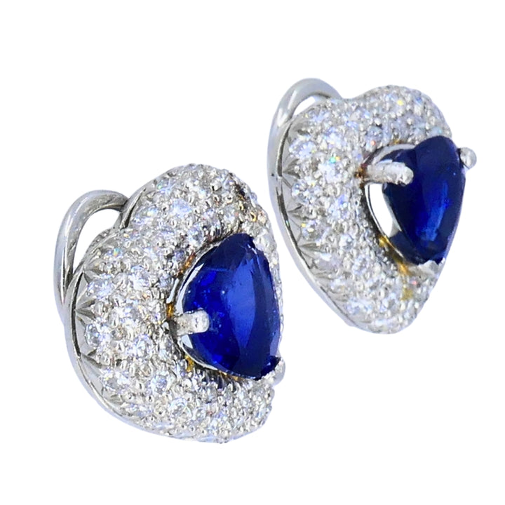 Vintage Heart Shaped Earrings Platinum Diamond Heart Cut Sapphire Estate Jewelry
