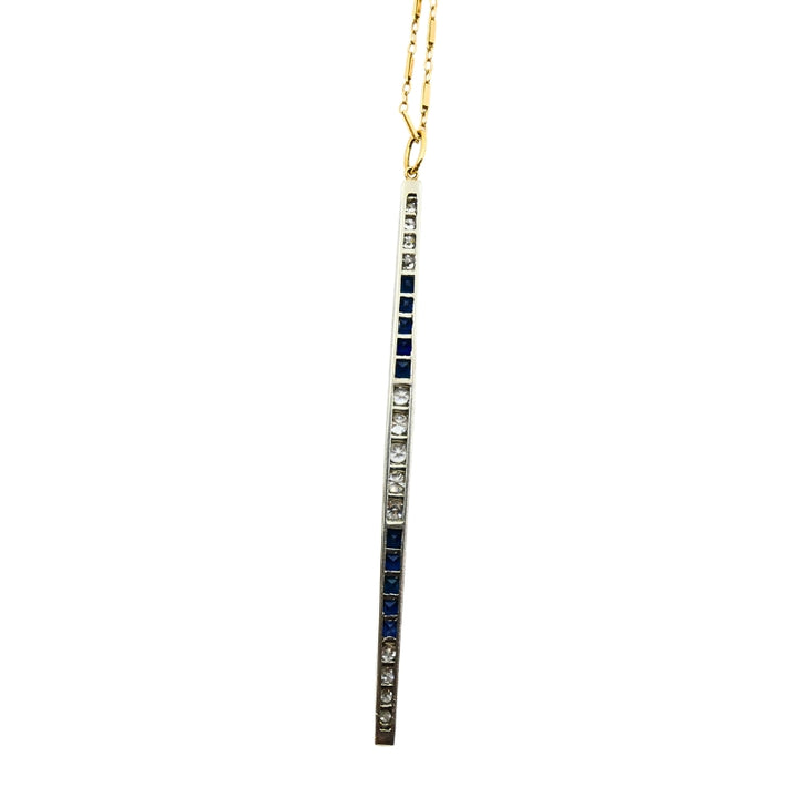 1920s Platinum Bar Pendant Sapphire Diamond & 14k Gold Chain Necklace