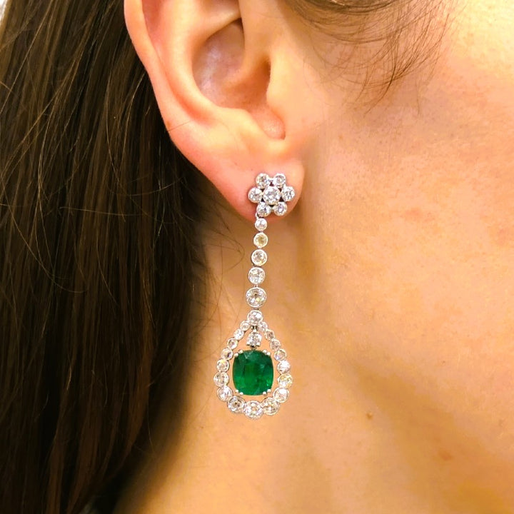 Art Deco Drop Earrings Platinum Diamond Emerald Cushion Cut Estate Jewelry