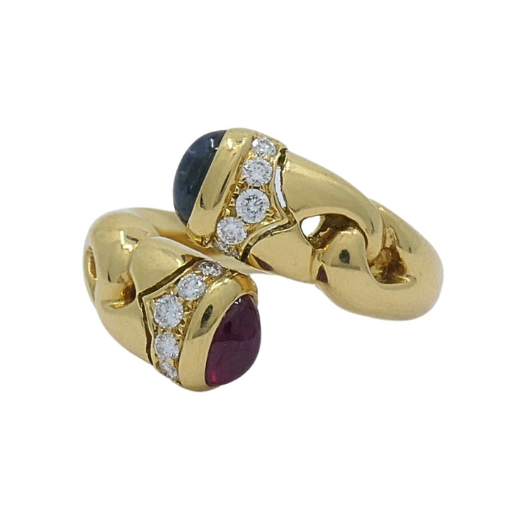 Bulgari Doppio Cuore Bypass Ring Gold Diamond Gemstones