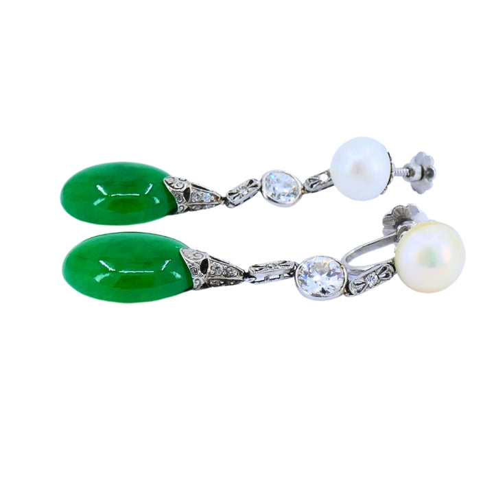 Art Deco Jade Earrings Platinum Pearls Old European Cut Diamonds Estate Jewelry