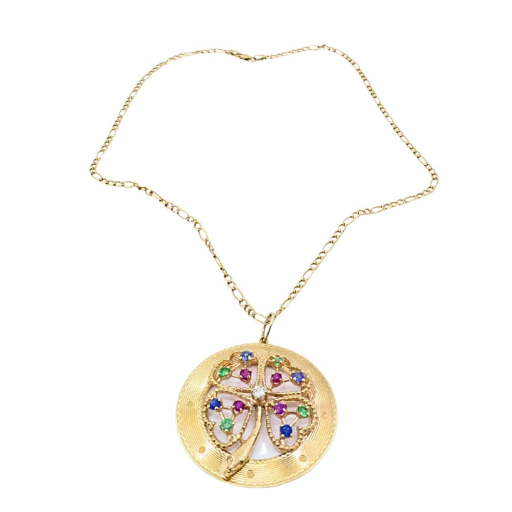 14K Gold  Gemstones Clover Pendant Necklace