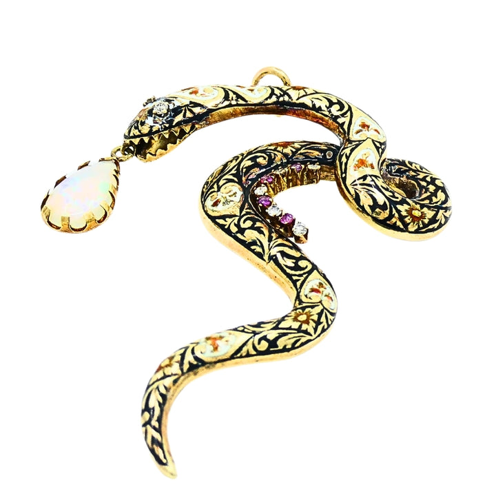 Antique Snake Pendant 14k Gold Enamel Gemstones