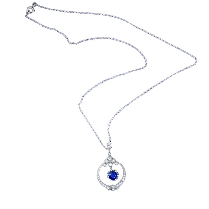 Edwardian Necklace Platinum Sapphire Diamond Pendant Vintage Jewelry Art Deco