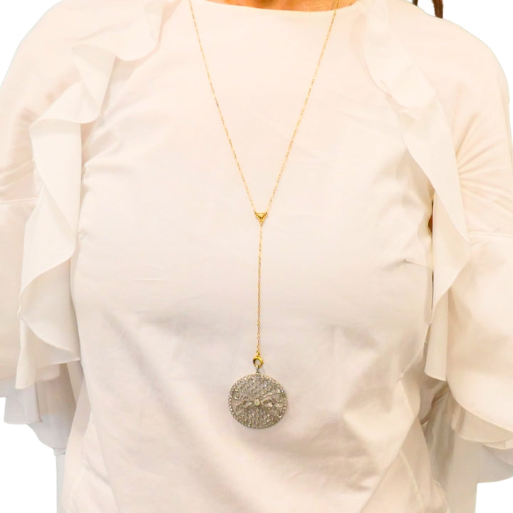 Edwardian Platinum Filigree Pendant Diamonds 14k Gold Chain Art Deco Estate