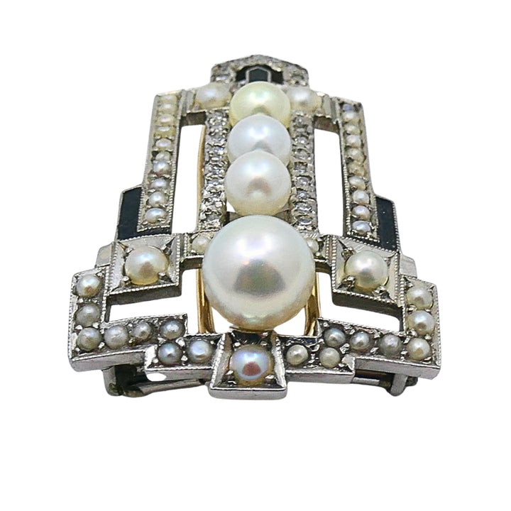 Art Deco Palladium Pearl Diamond Geometric Pin Brooch