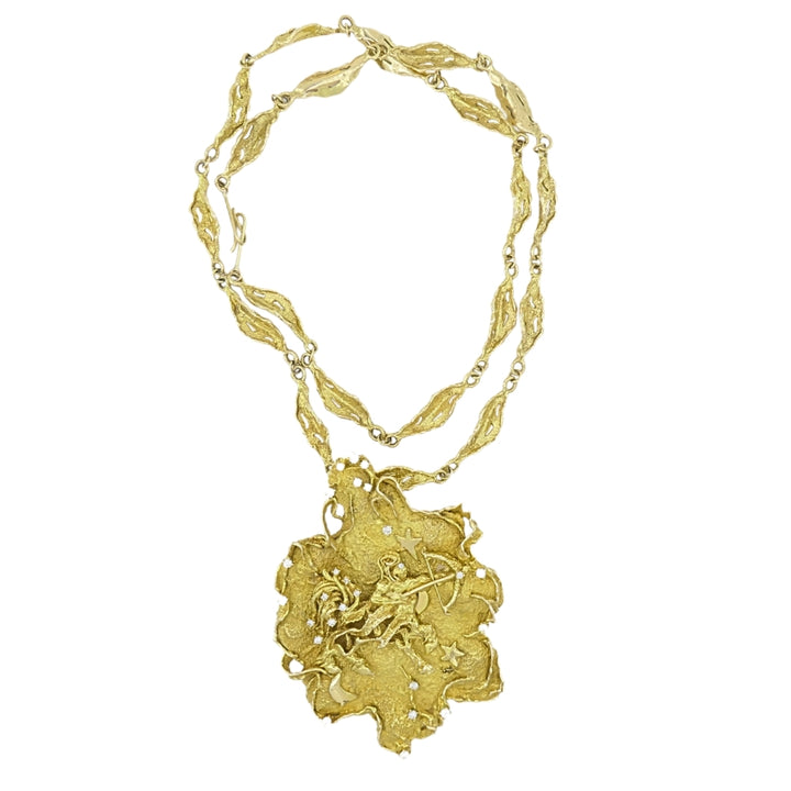 Zodiac Sign Necklace Sagittarius Brutalist Design 14k Gold Diamond