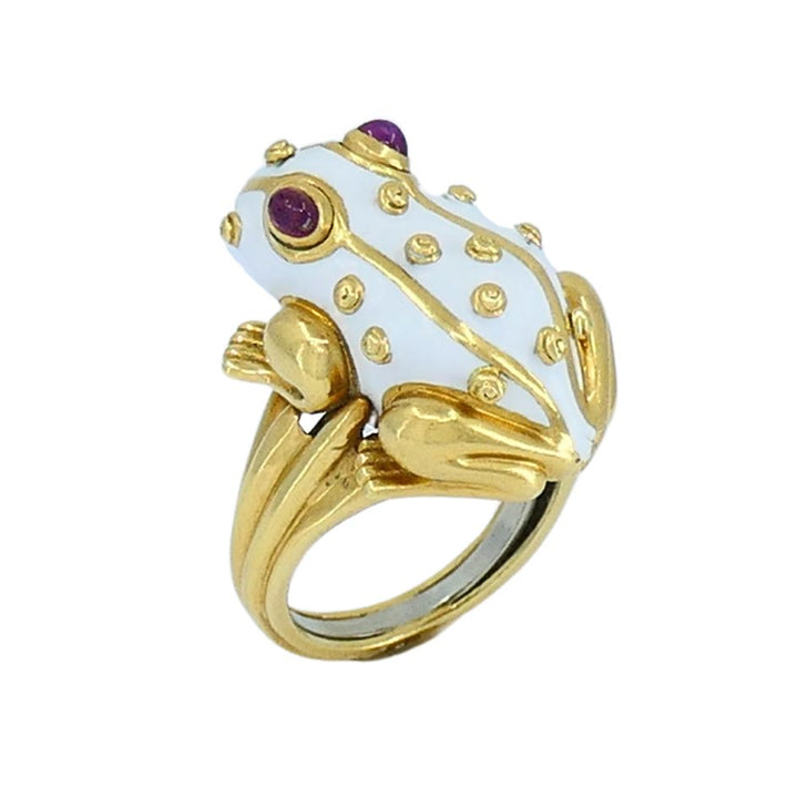 1990s David Webb 18k Gold White Enamel Ruby Frog Ring