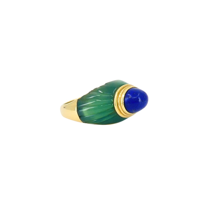 1980's Boucheron Jaipur Ring 18k Gold Chrysophrase Lapis Lazuli Original Pouch