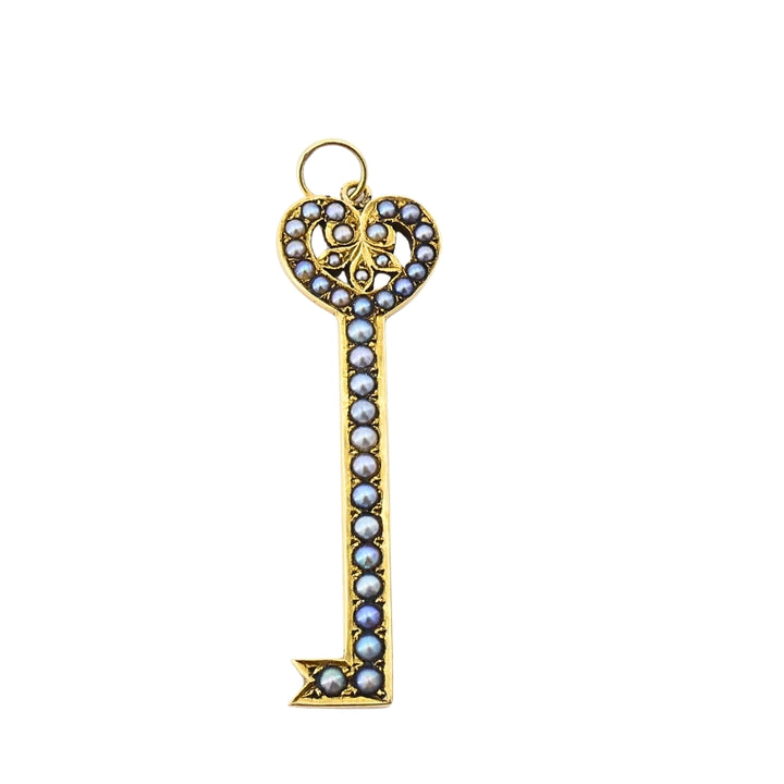 14k Gold Key Pendant Necklace Pearls and Black Enamel
