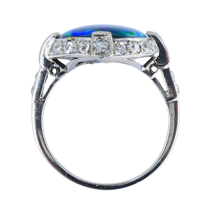 Art Deco Black Opal Ring Platinum Diamond Estate Jewelry