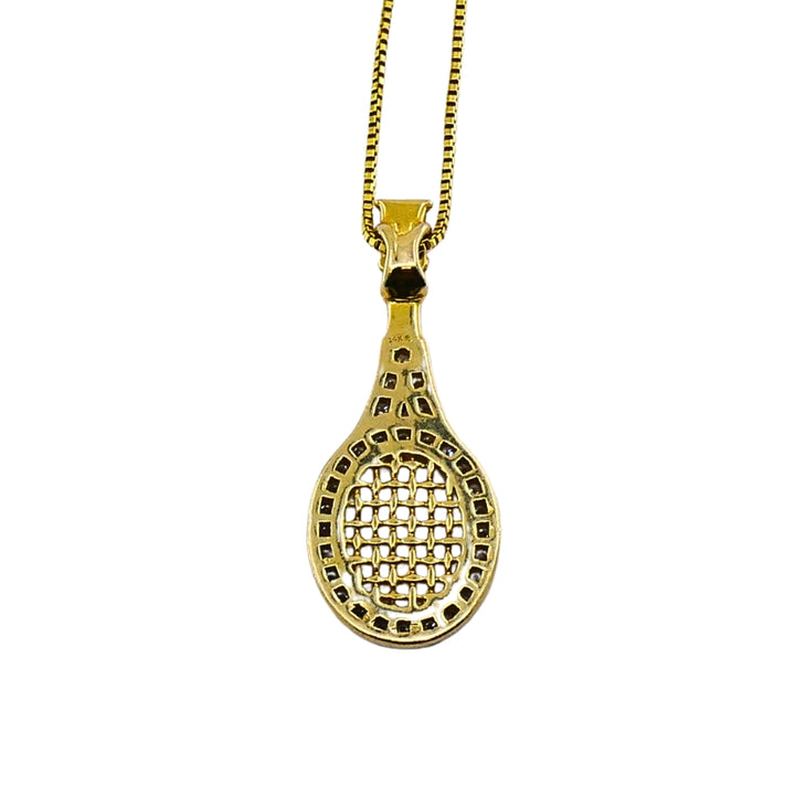 14k Gold Diamond Tennis Racket Pendant Necklace