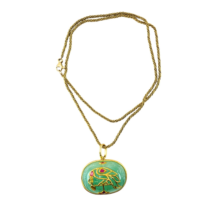 1930’s Yellow Gold, Carved Emerald and Ruby Pendant Chain Necklace