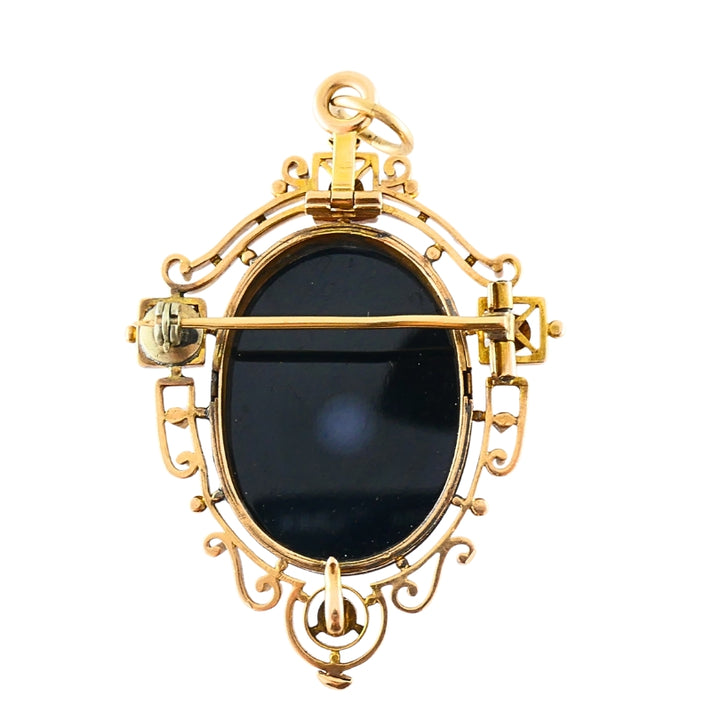 Antique 12k Gold Agate Cameo Pendant Brooch Seed Pearls
