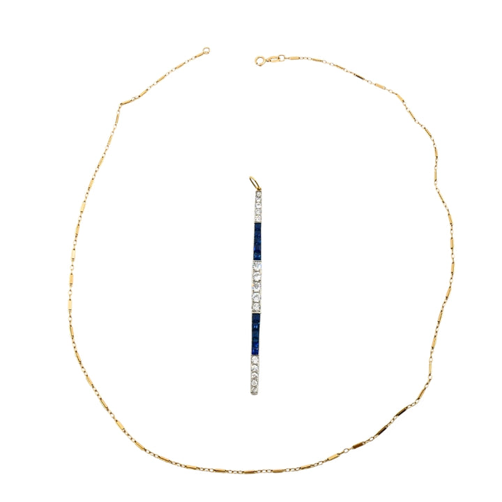 1920s Platinum Bar Pendant Sapphire Diamond & 14k Gold Chain Necklace