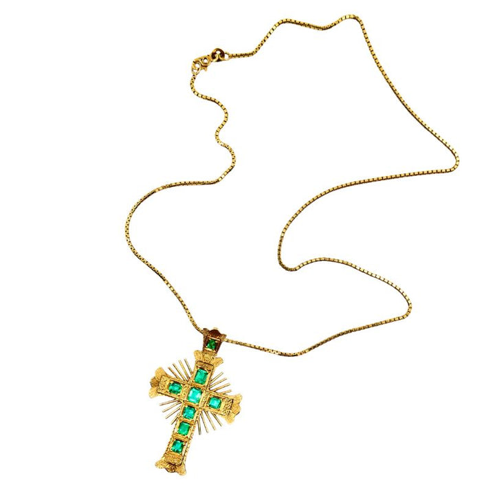 18k Gold Cross Pendant Emerald Vintage Italy