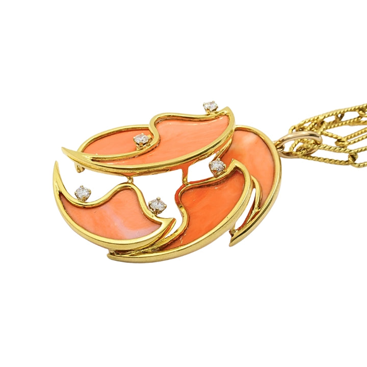 French 18k Diamond Coral Pendant 14k Gold Chain Necklace