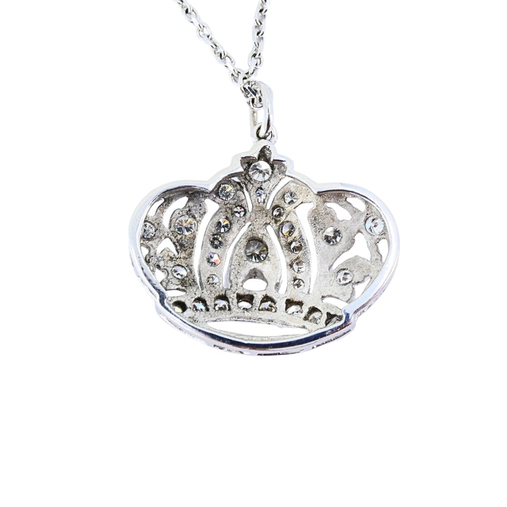 14k White Gold Diamond Crown Pendant Necklace