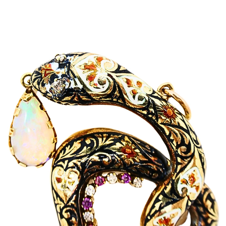 Antique Snake Pendant 14k Gold Enamel Gemstones