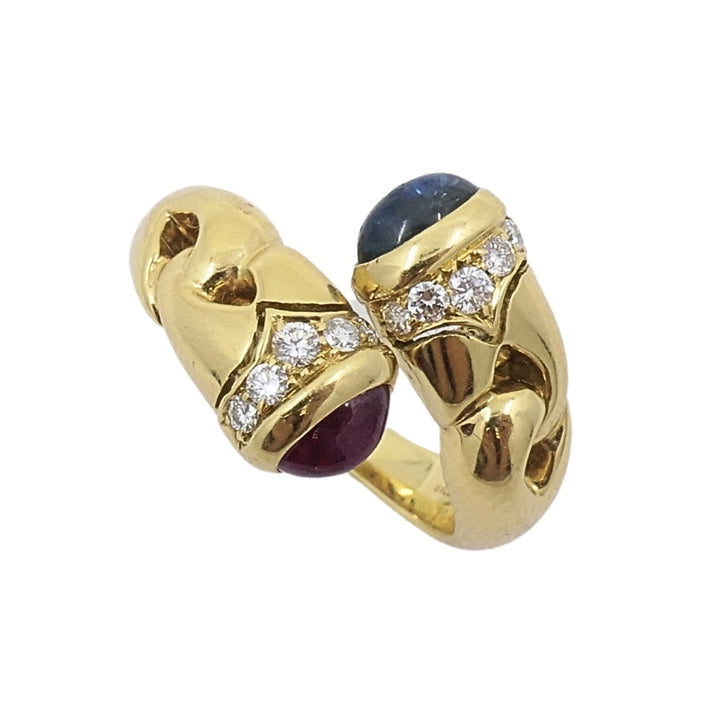 Bulgari Doppio Cuore Bypass Ring Gold Diamond Gemstones