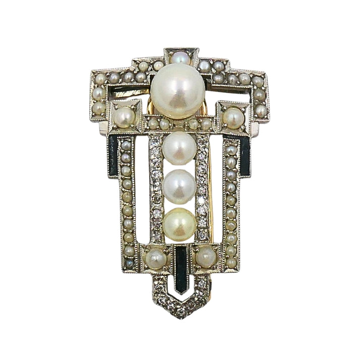 Art Deco Palladium Pearl Diamond Geometric Pin Brooch