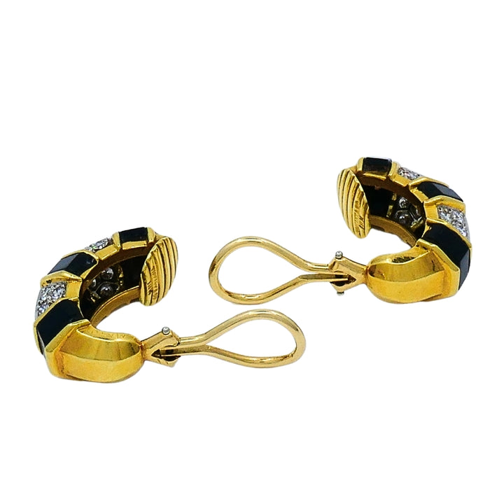 Tiffany & Co. 18k Gold Onyx Diamond Hoop Earrings